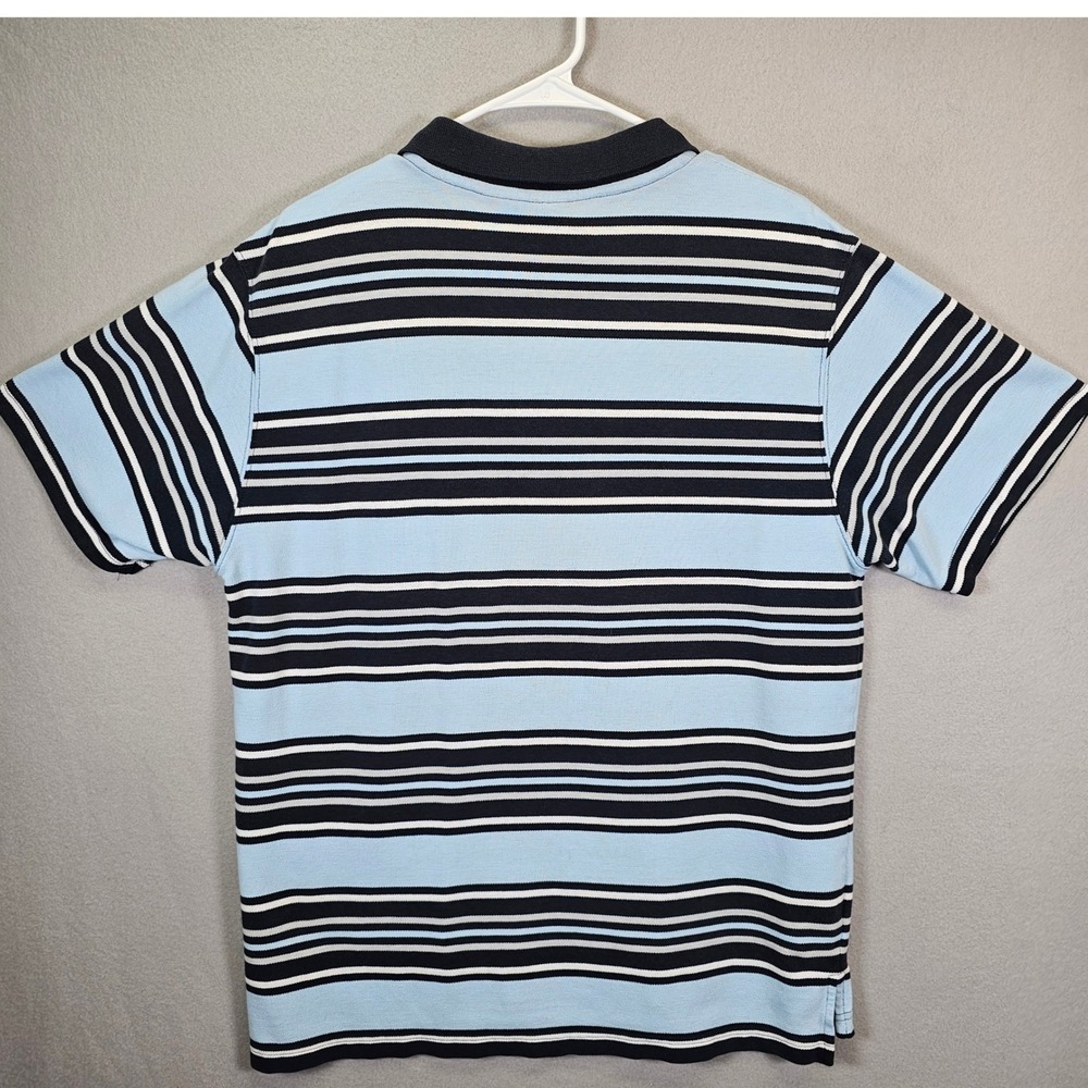 Bugle Boy Mens Large Polo Shirt Blue Navy White Striped Short Sleeve Pique Knit